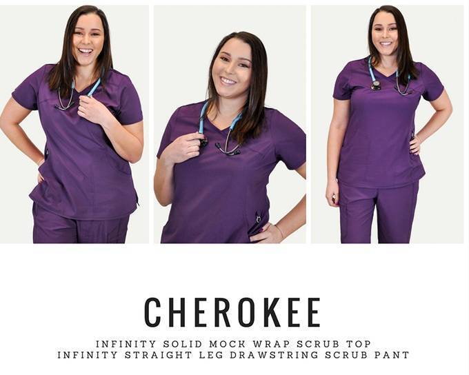 Nurse modeling purple scrubs