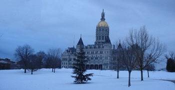 Snowy state legislature building in Connecticut