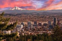 Sunset over Portland Oregon with Mt Hood in background