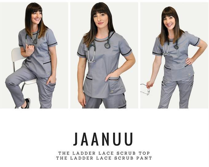 Model wearing new gray nurse scrubs