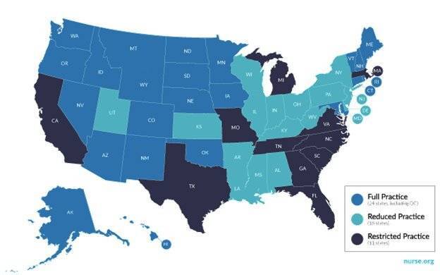 Map detailing practice authority for nurse practitioners by state