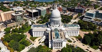 Ariel shot of the state capitol building in Wisconsin