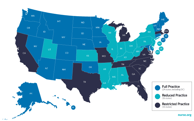 Map of nurse practitioner NP scope of practice by state